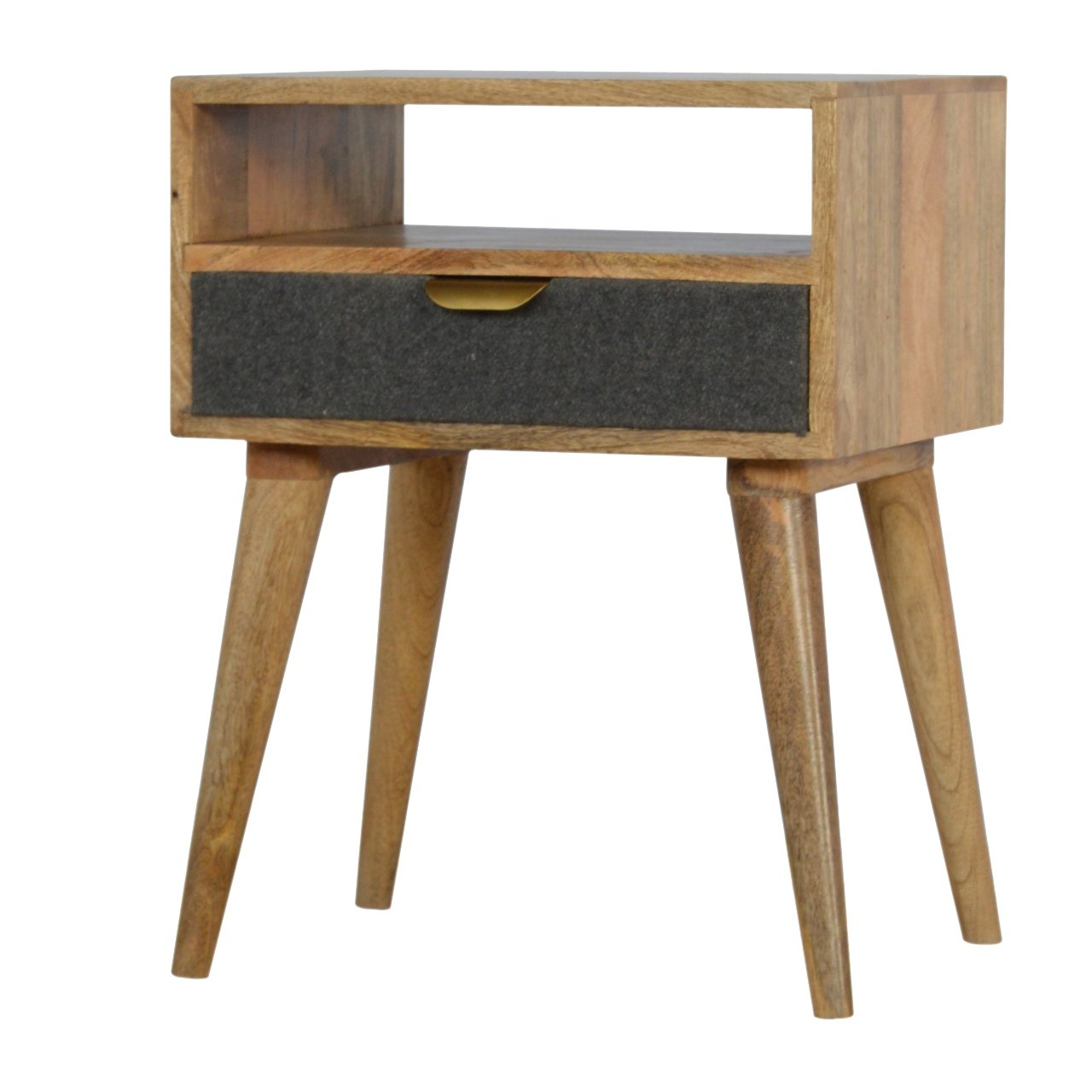 Grey Tweed Bedside Table with Open Slot Shelf and Drawer, Handmade Solid Wood, Upholstered Finish