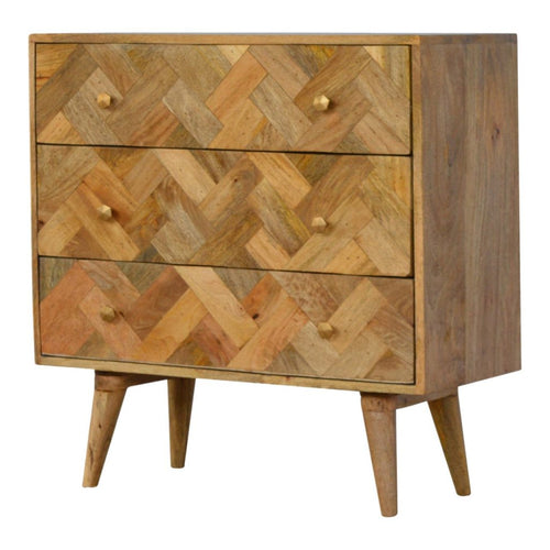 3 Drawer Zig-Zag Patterned Patchwork Chest – Handmade Solid Wood Storage Chest with Decorative 3 Drawers