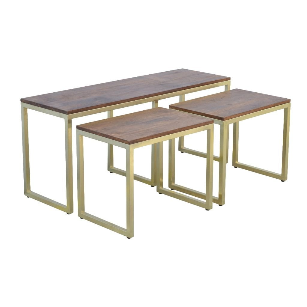 Chunky Gold Table Set of 3, Handmade Solid Wood, Modern Accent Tables