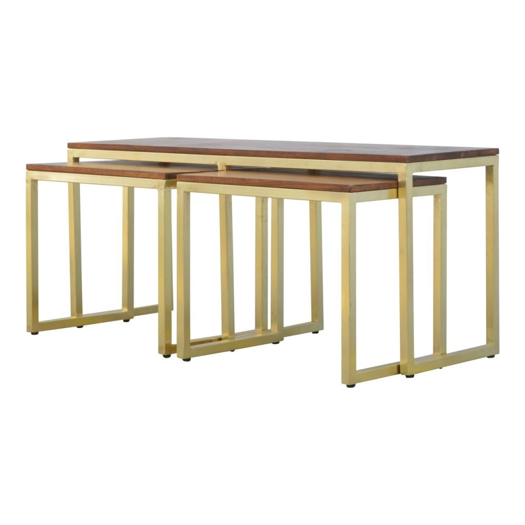 Chunky Gold Table Set of 3, Handmade Solid Wood, Modern Accent Tables