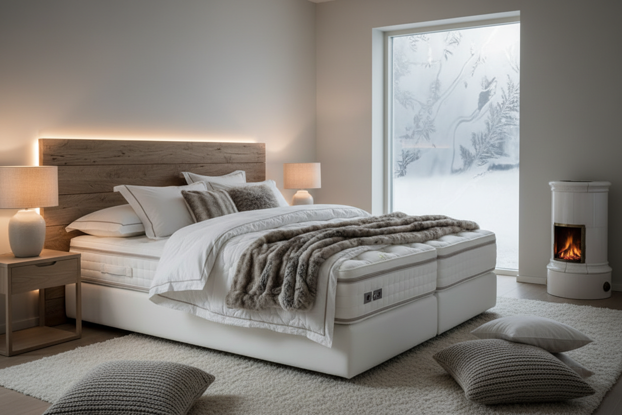 “Luxury mattress in a winter-themed bedroom, soft neutral colors, warm white lighting, frosted window effect, clean premium aesthetic, minimal Scandinavian-inspired bedroom, styled for winter comfort and coziness.”