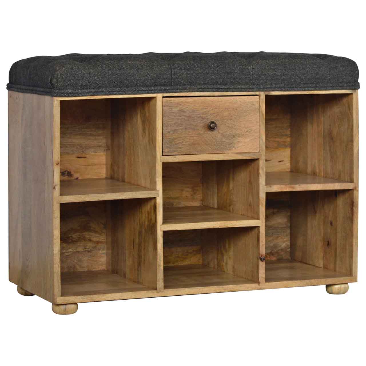 Black Tweed Bench with 1 Drawer and 6 Shelf, Handmade Solid Wood Frame, Upholstered Seat