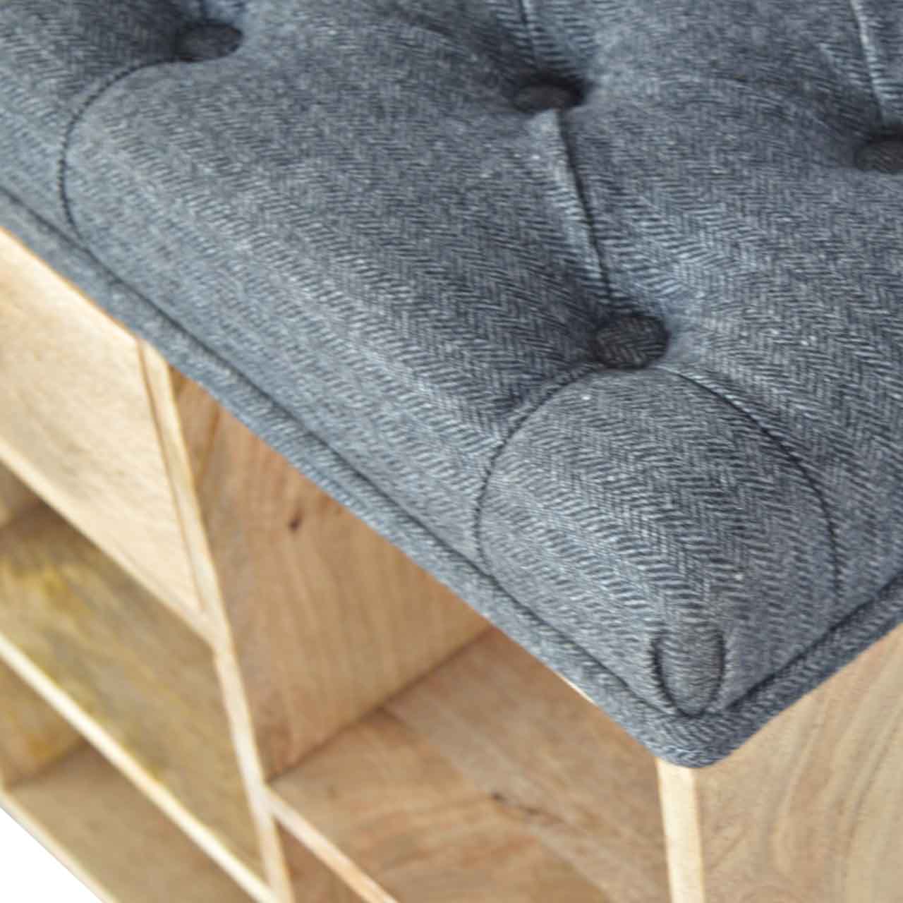 Black Tweed Bench with 1 Drawer and 6 Shelf, Handmade Solid Wood Frame, Upholstered Seat