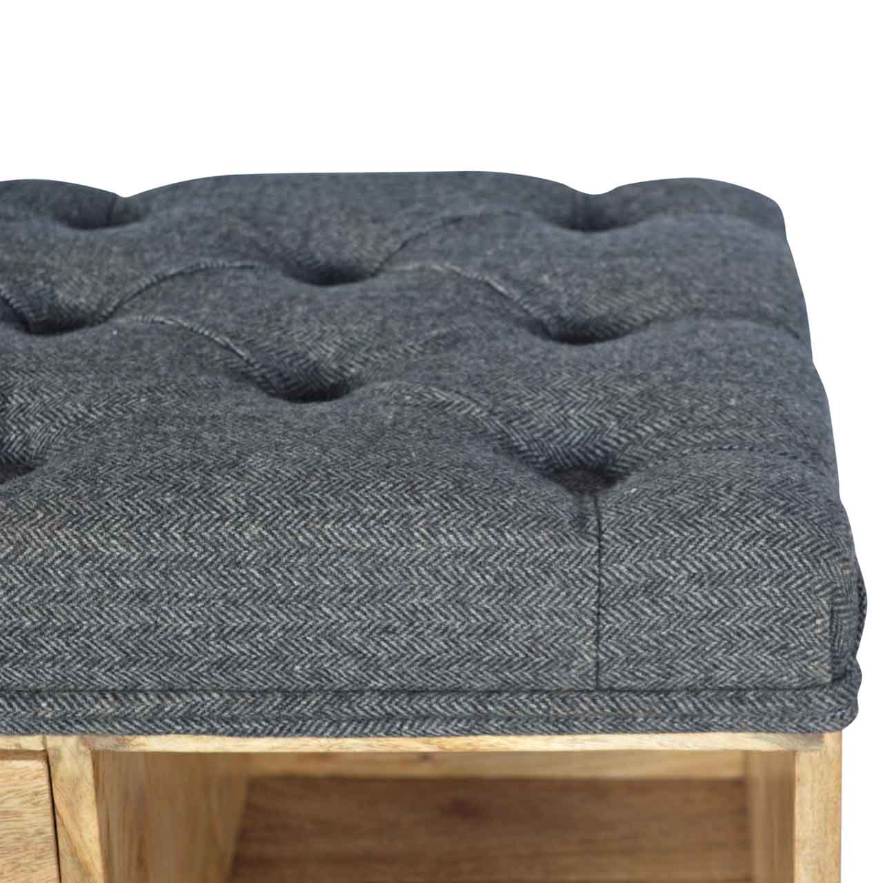 Black Tweed Bench with 1 Drawer and 6 Shelf, Handmade Solid Wood Frame, Upholstered Seat