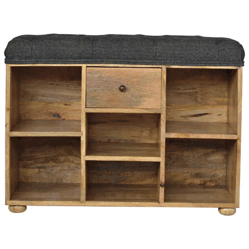 Black Tweed Bench with 1 Drawer and 6 Shelf, Handmade Solid Wood Frame, Upholstered Seat