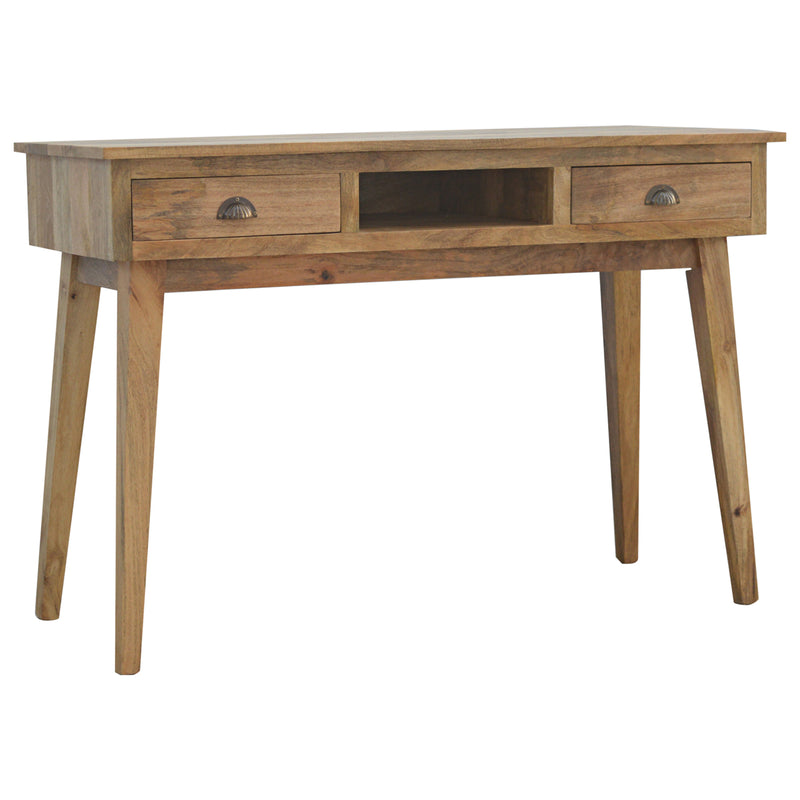 2 Drawer and Open Shelf Writing Desk with Shell Handles, Solid Wood Office Table