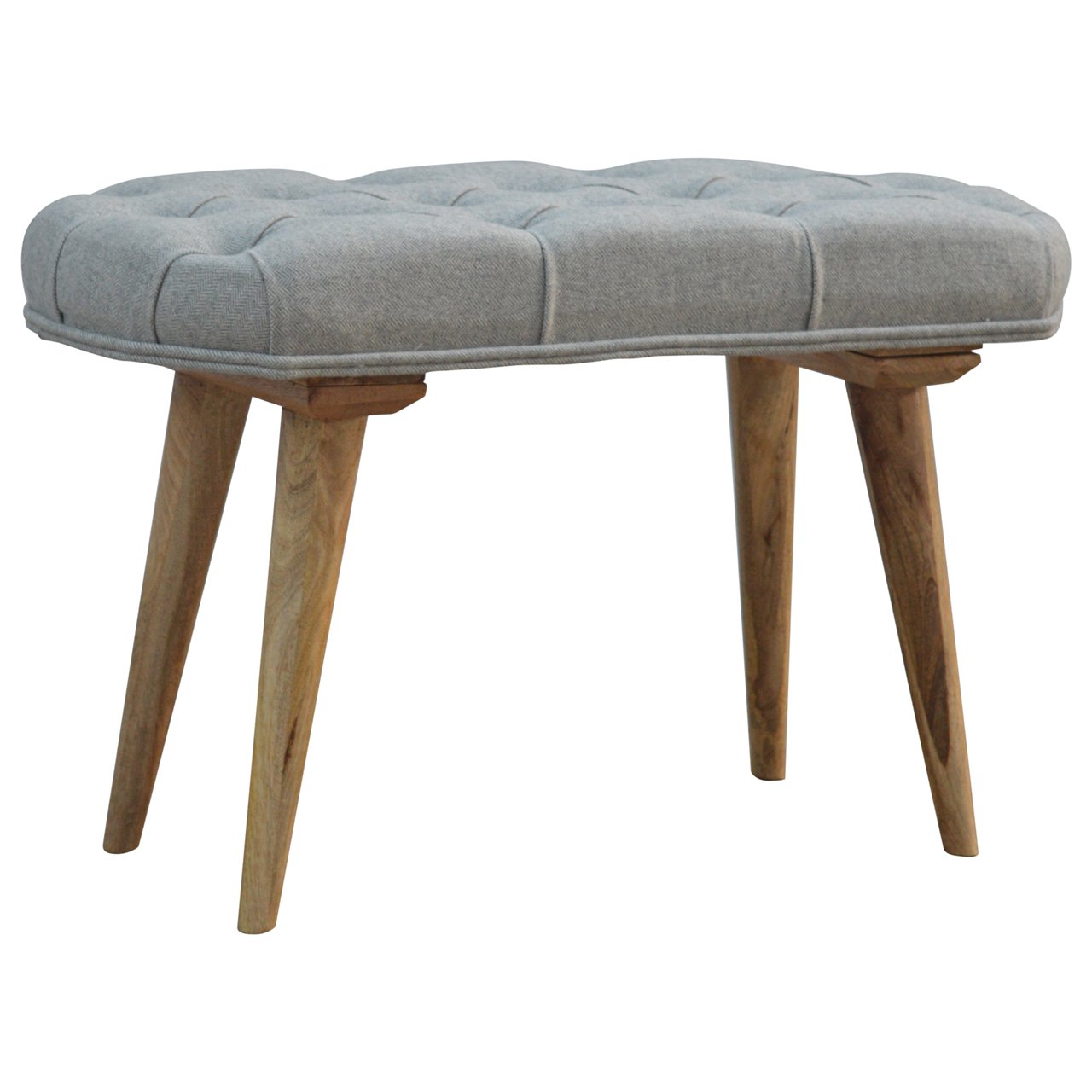 Deep Button Grey Tweed Bench, Handmade Solid Wood Frame, Upholstered Seating