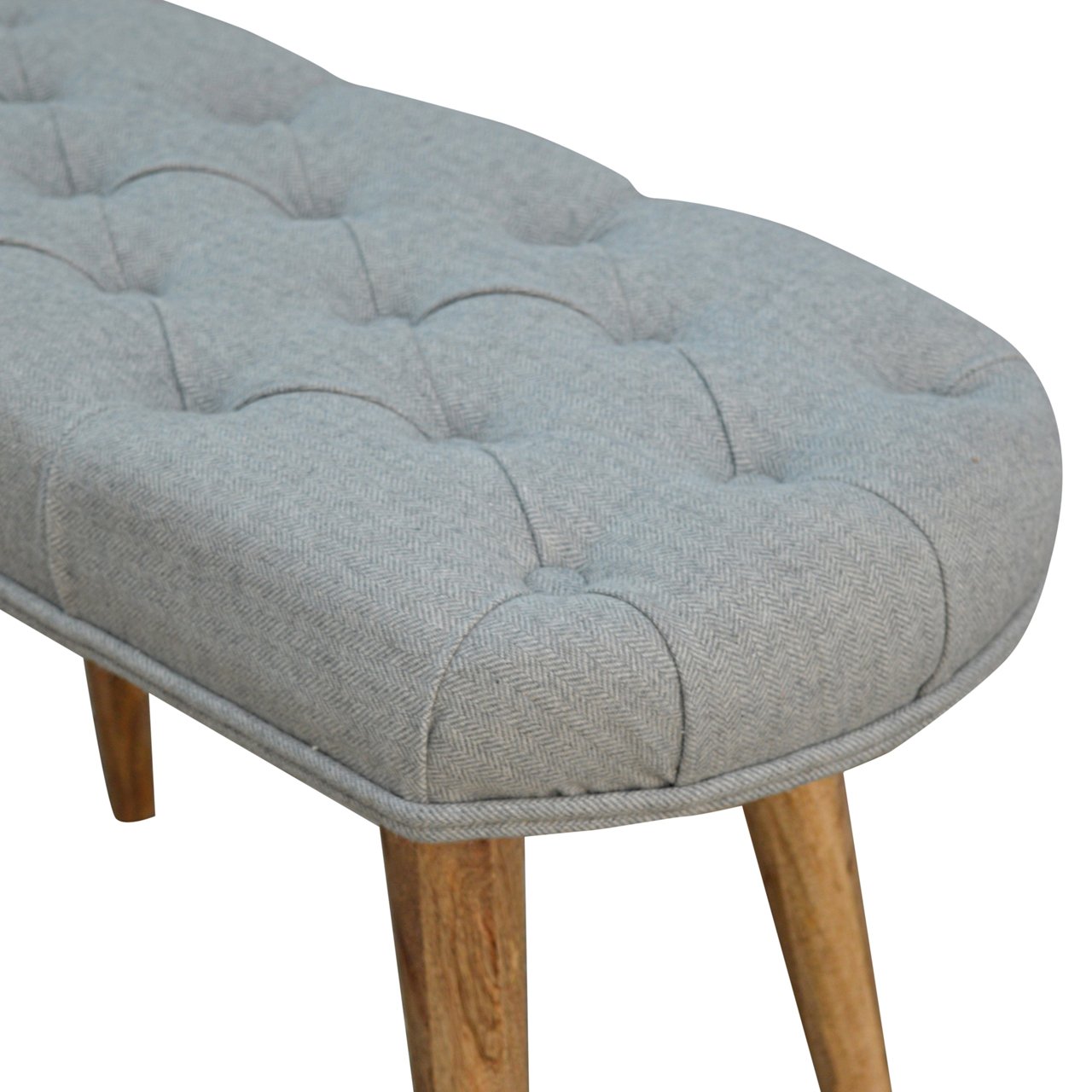 Deep Button Grey Tweed Bench, Handmade Solid Wood Frame, Upholstered Seating