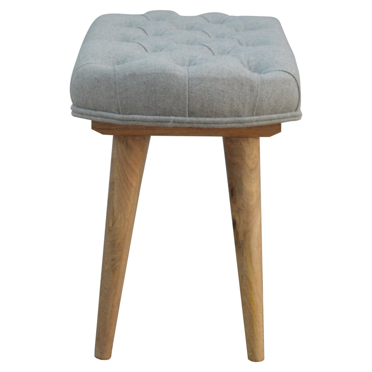 Deep Button Grey Tweed Bench, Handmade Solid Wood Frame, Upholstered Seating