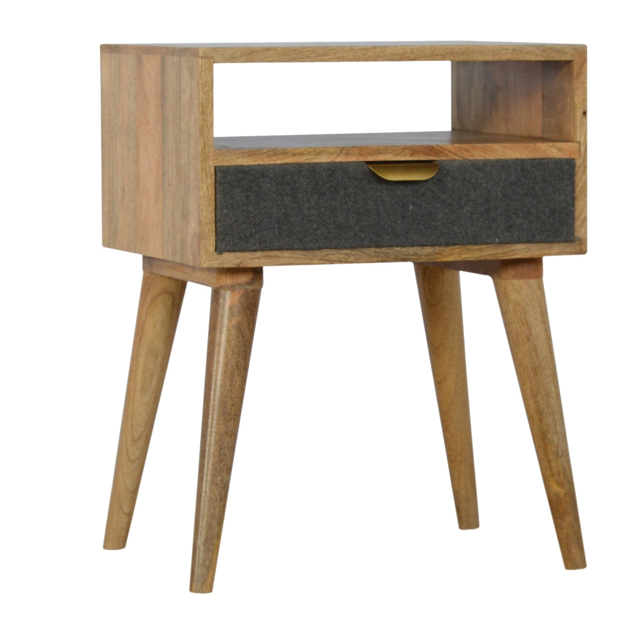 Grey Tweed Bedside Table with Open Slot Shelf and Drawer, Handmade Solid Wood, Upholstered Finish