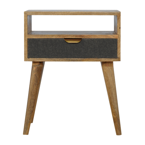 Grey Tweed Bedside Table with Open Slot Shelf and Drawer, Handmade Solid Wood, Upholstered Finish
