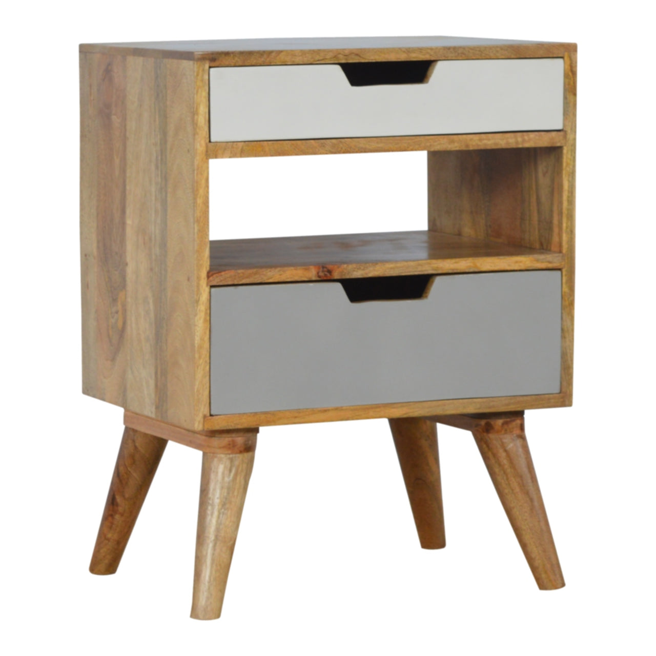 Grey & White Bedside with 2 Drawer and Open Shelf, Handmade Solid Wood, Modern Style