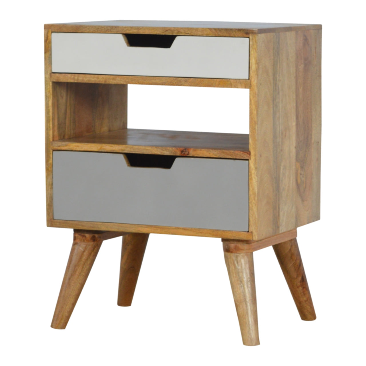 Grey & White Bedside with 2 Drawer and Open Shelf, Handmade Solid Wood, Modern Style