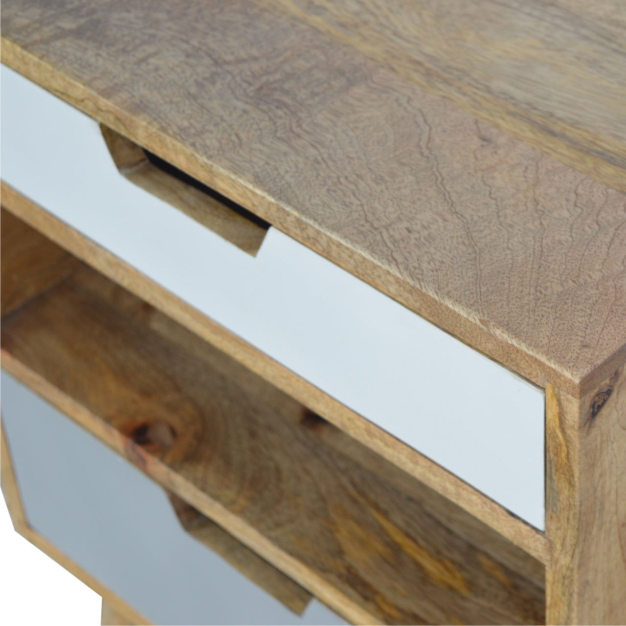 Grey & White Bedside with 2 Drawer and Open Shelf, Handmade Solid Wood, Modern Style