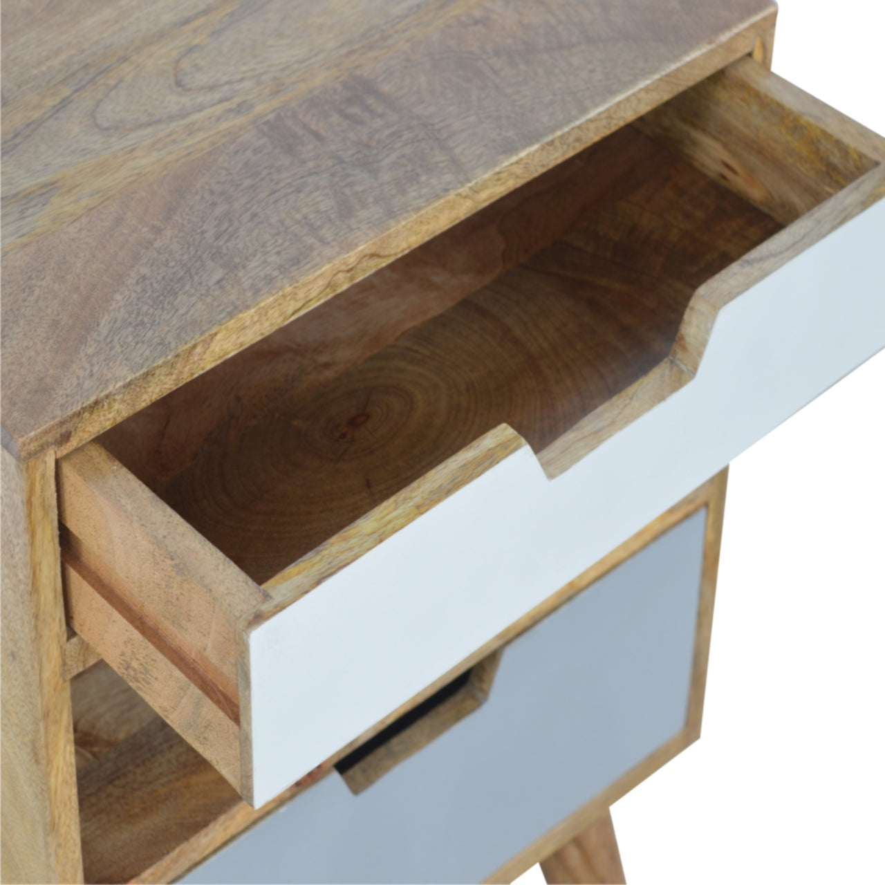 Grey & White Bedside with 2 Drawer and Open Shelf, Handmade Solid Wood, Modern Style