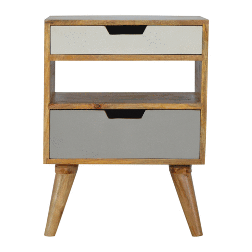 Grey & White Bedside with 2 Drawer and Open Shelf, Handmade Solid Wood, Modern Style