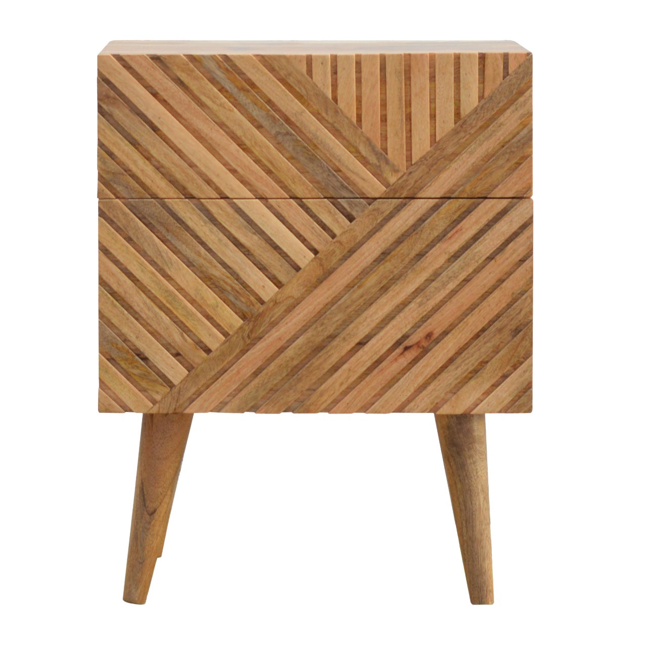 Bedside Table with 2 Drawers and Carvied Lines, Handmade Solid Wood, Compact Design