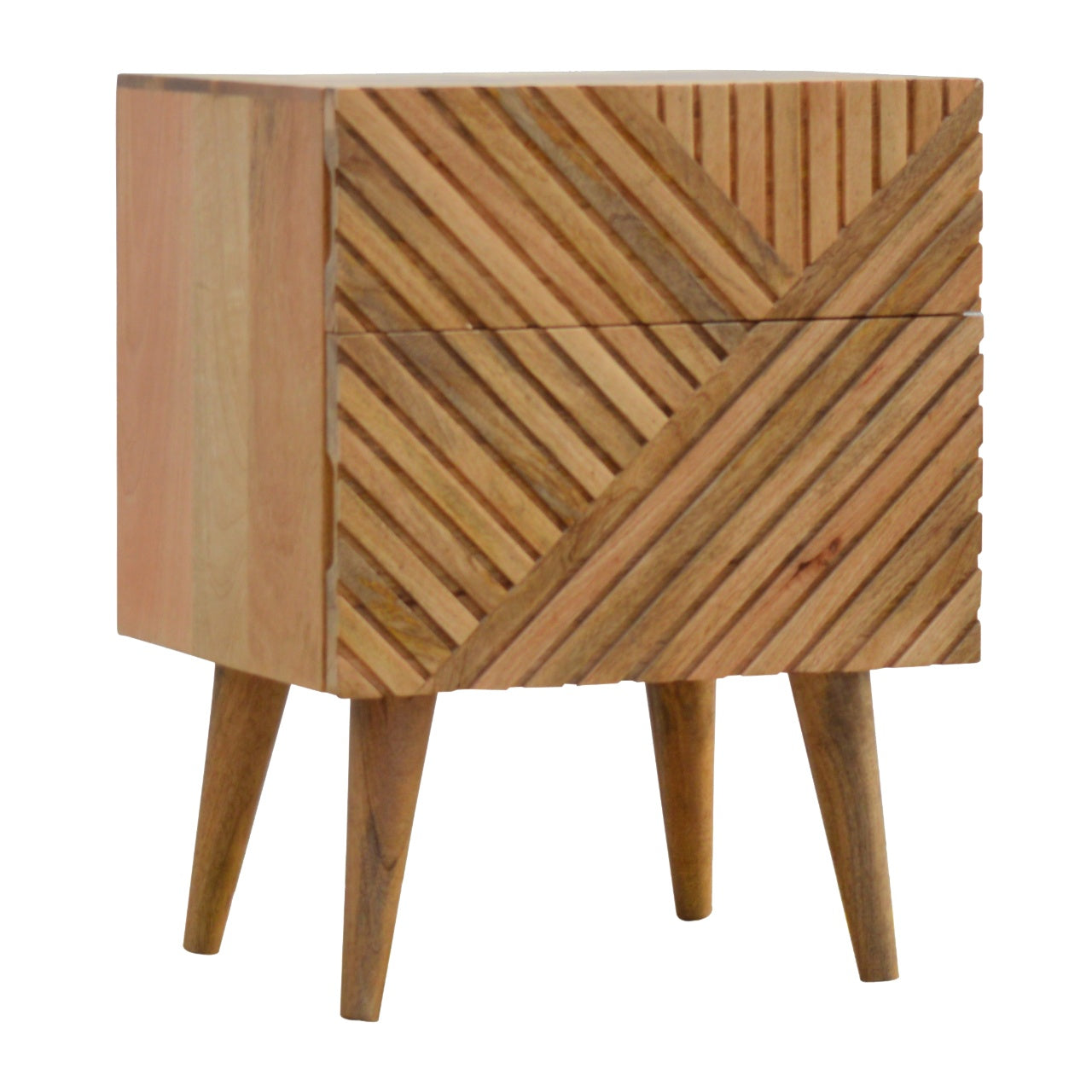 Bedside Table with 2 Drawers and Carvied Lines, Handmade Solid Wood, Compact Design