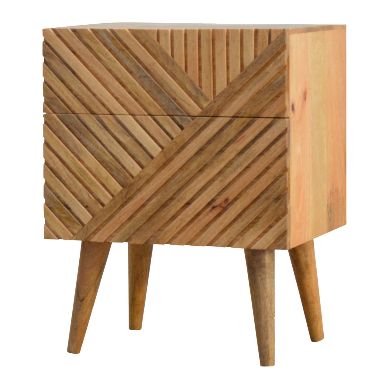 Bedside Table with 2 Drawers and Carvied Lines, Handmade Solid Wood, Compact Design