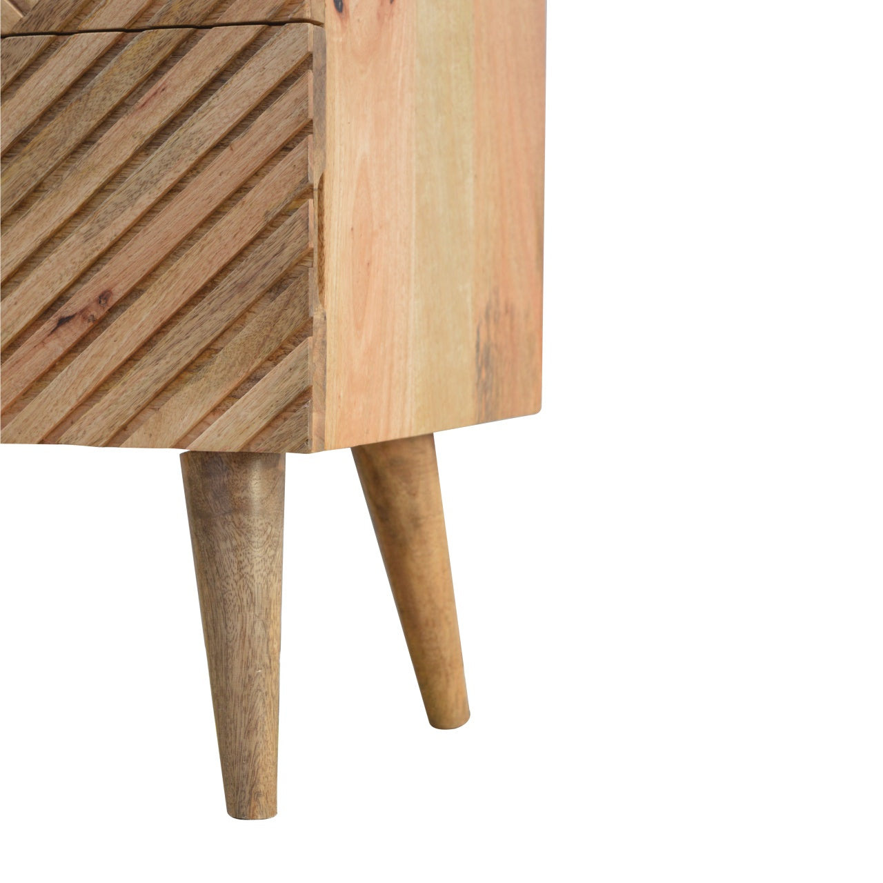 Bedside Table with 2 Drawers and Carvied Lines, Handmade Solid Wood, Compact Design