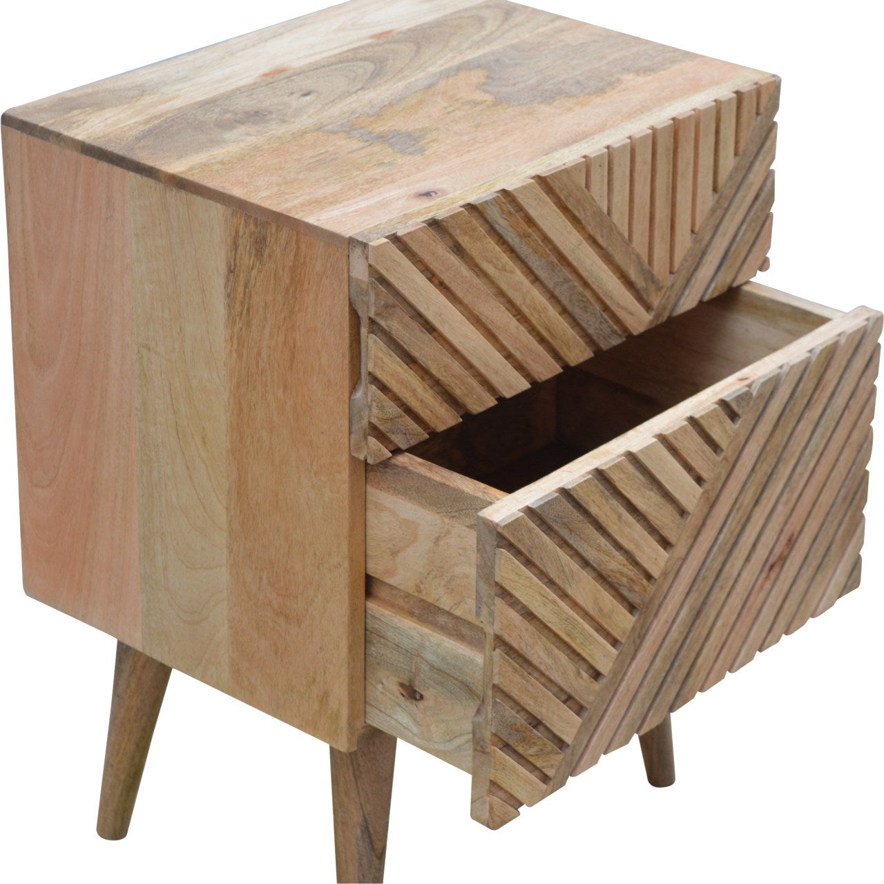 Bedside Table with 2 Drawers and Carvied Lines, Handmade Solid Wood, Compact Design
