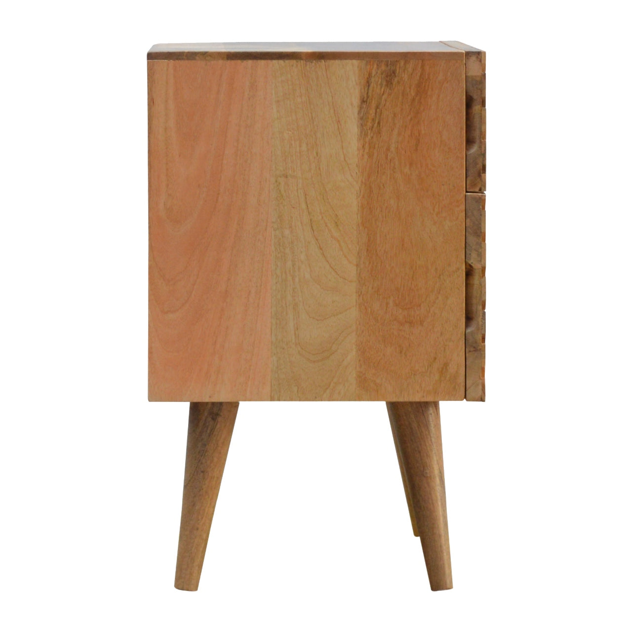 Bedside Table with 2 Drawers and Carvied Lines, Handmade Solid Wood, Compact Design