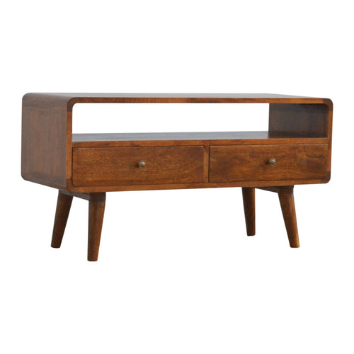 2 Drawer and Open Shelf Media Unit, Handmade Solid Wood, Modern Smooth Curved Silhouette
