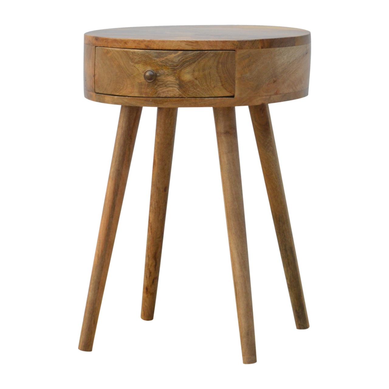 Nordic Circular Shaped Bedside Table with Drawer, Handmade Solid Wood, Round Design