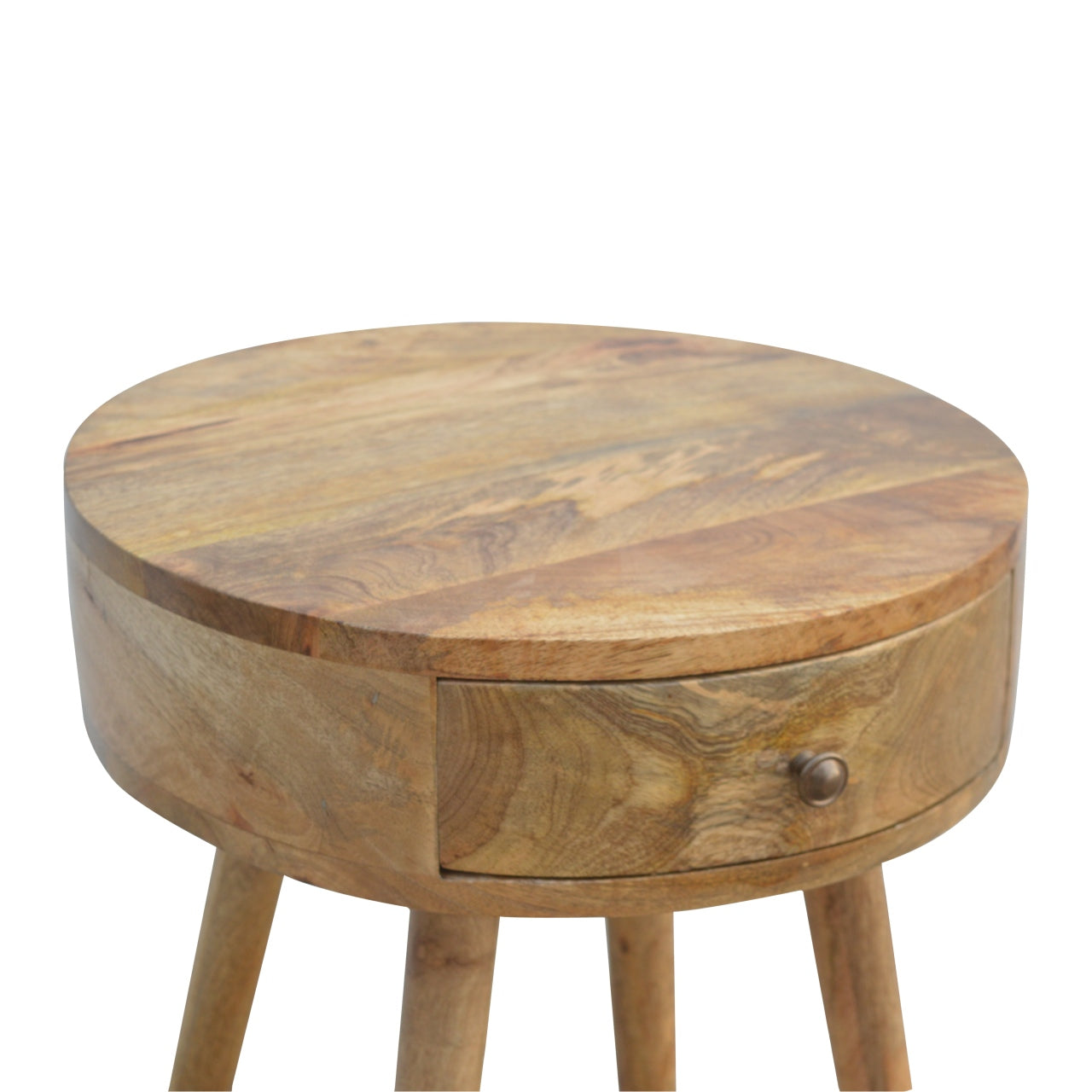 Nordic Circular Shaped Bedside Table with Drawer, Handmade Solid Wood, Round Design