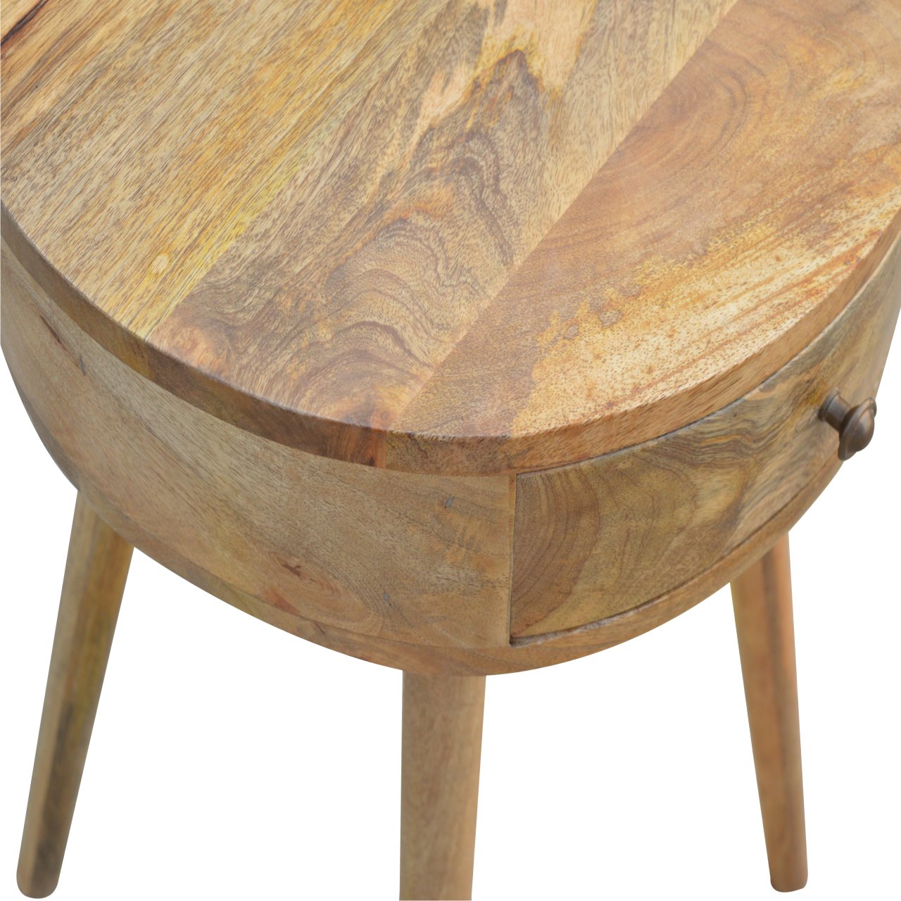 Nordic Circular Shaped Bedside Table with Drawer, Handmade Solid Wood, Round Design