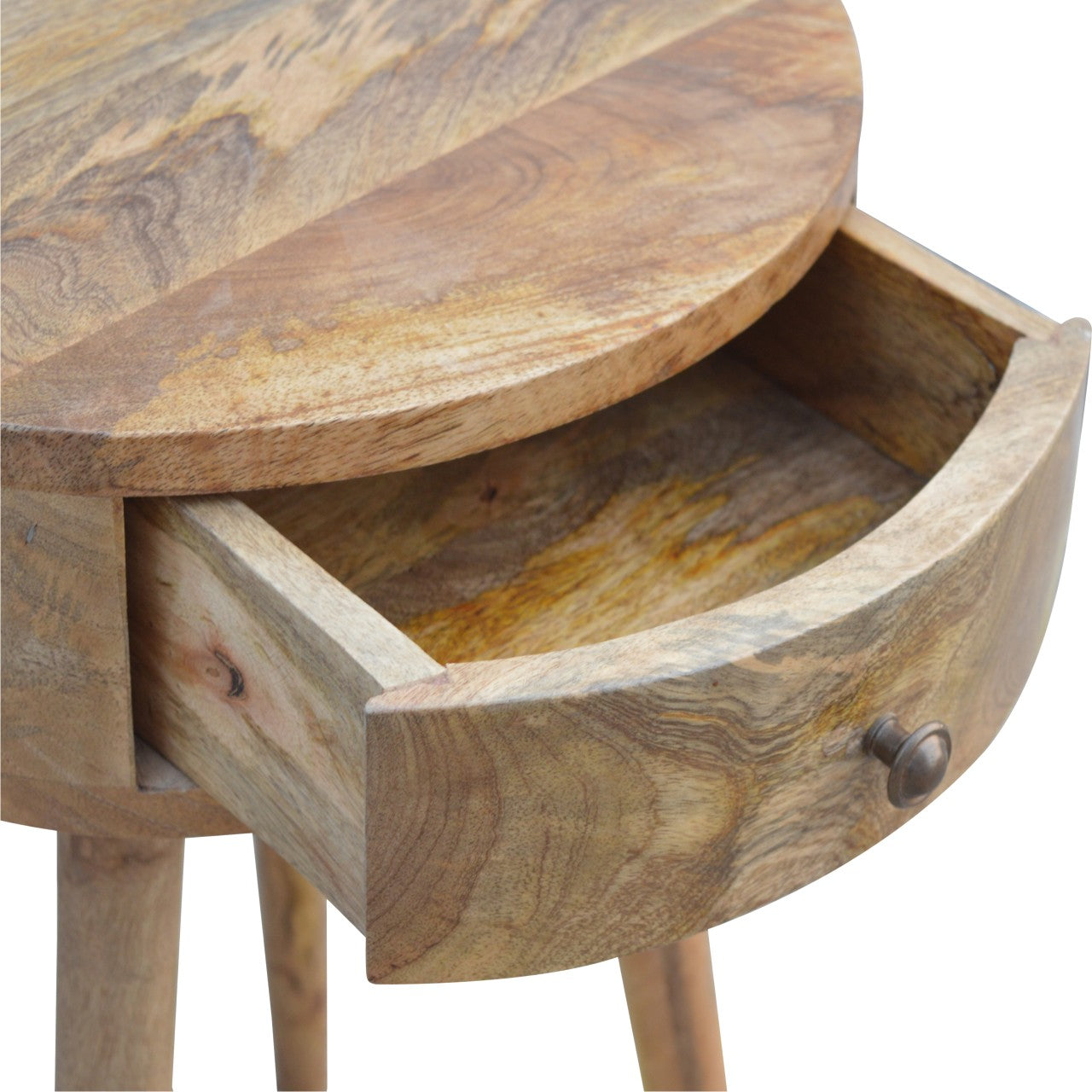 Nordic Circular Shaped Bedside Table with Drawer, Handmade Solid Wood, Round Design