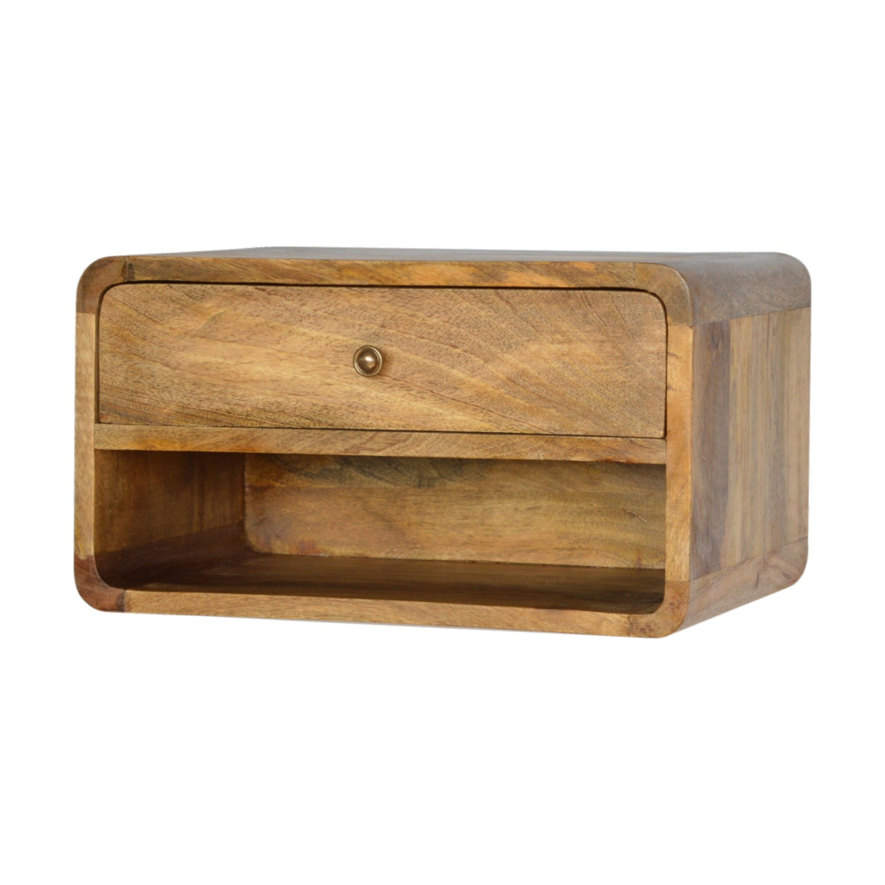 Floating Curve Bedside Table with 1 Drawer and Open Slot, Handmade Solid Wood, Space-Saving Design