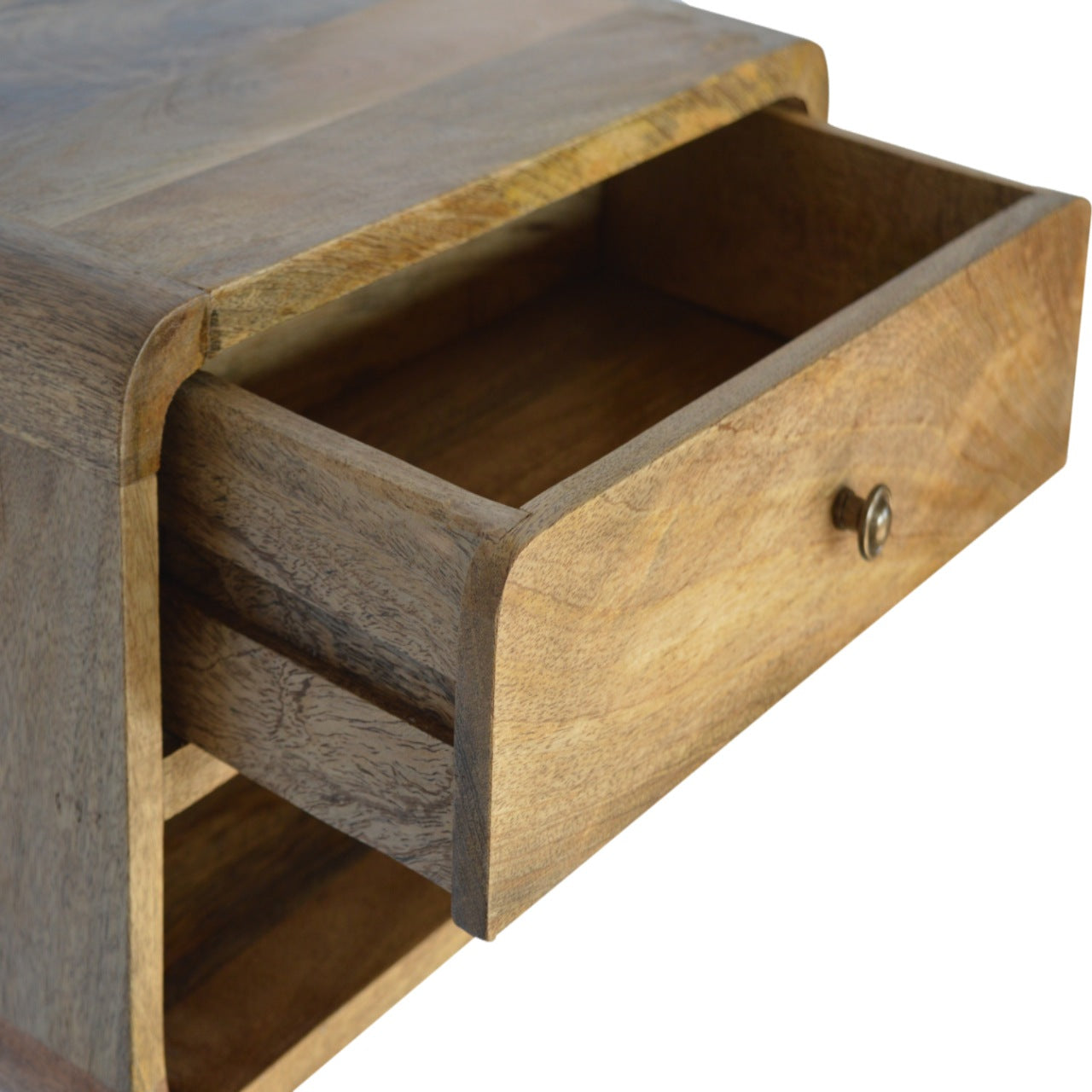 Floating Curve Bedside Table with 1 Drawer and Open Slot, Handmade Solid Wood, Space-Saving Design