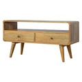 Curved 2 Drawer and Open Shelf Media Unit - Handmade Solid Wood TV Stand With Storage