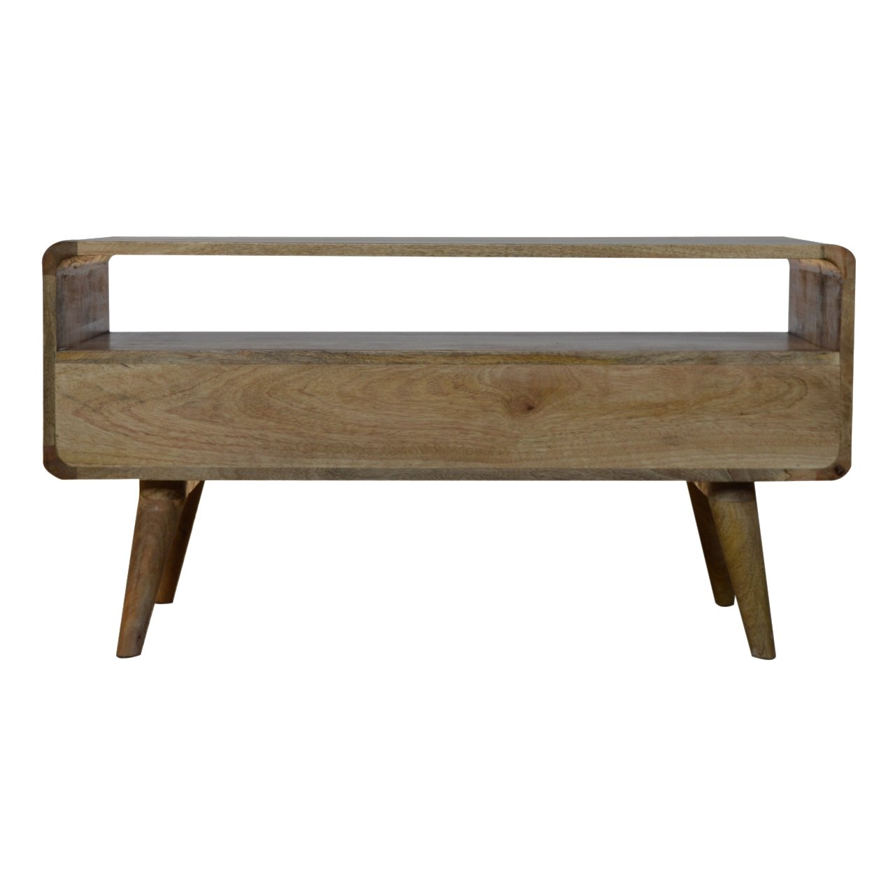 Curved 2 Drawer and Open Shelf Media Unit - Handmade Solid Wood TV Stand With Storage