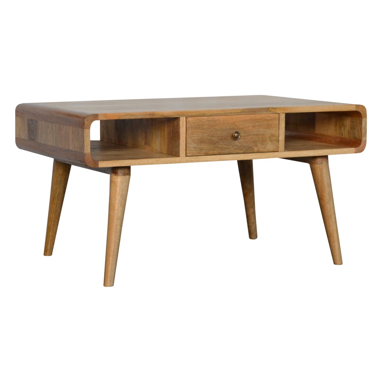 2 Drawer and Open Shelf Curved Coffee Table, Handmade Solid Wood, Contemporary Curved Design