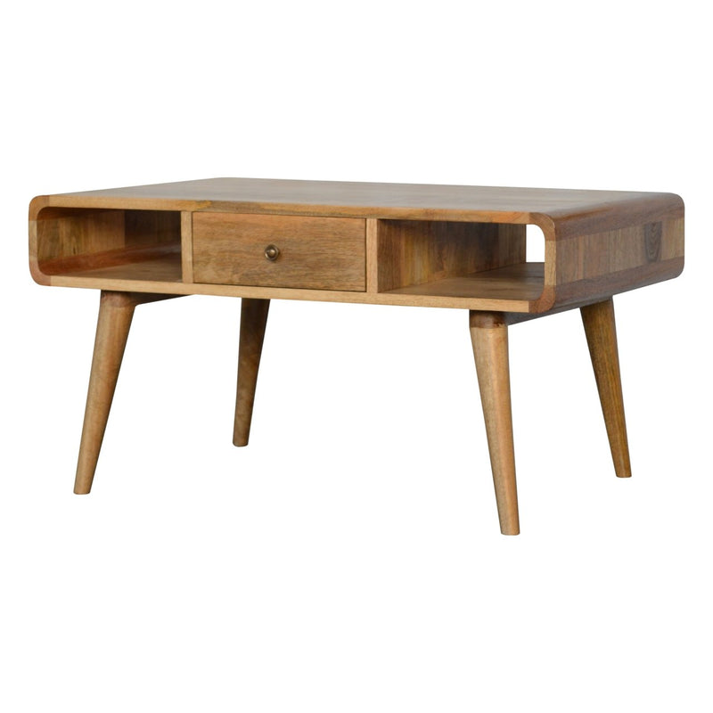 2 Drawer and Open Shelf Curved Coffee Table, Handmade Solid Wood, Contemporary Curved Design