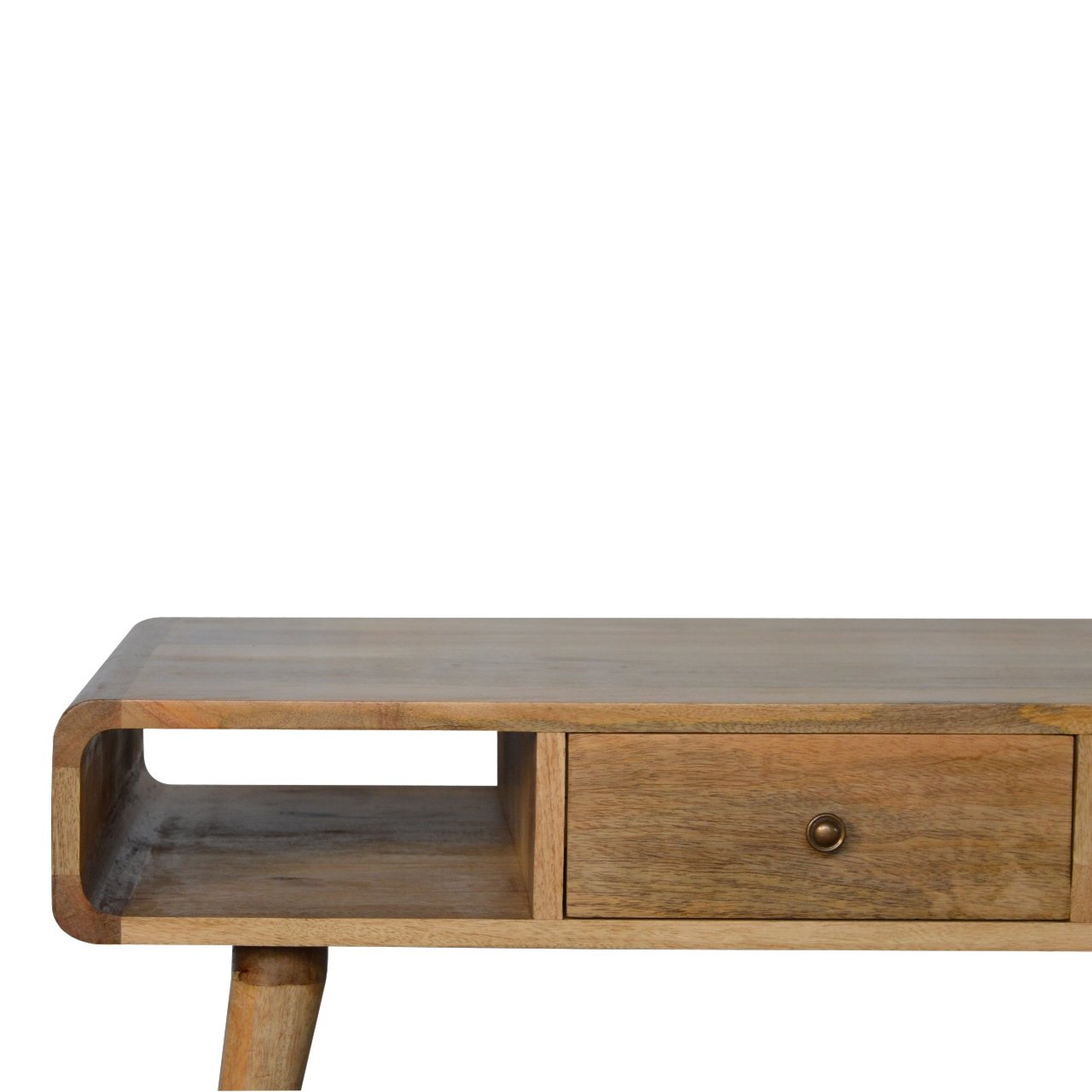 2 Drawer and Open Shelf Curved Coffee Table, Handmade Solid Wood, Contemporary Curved Design