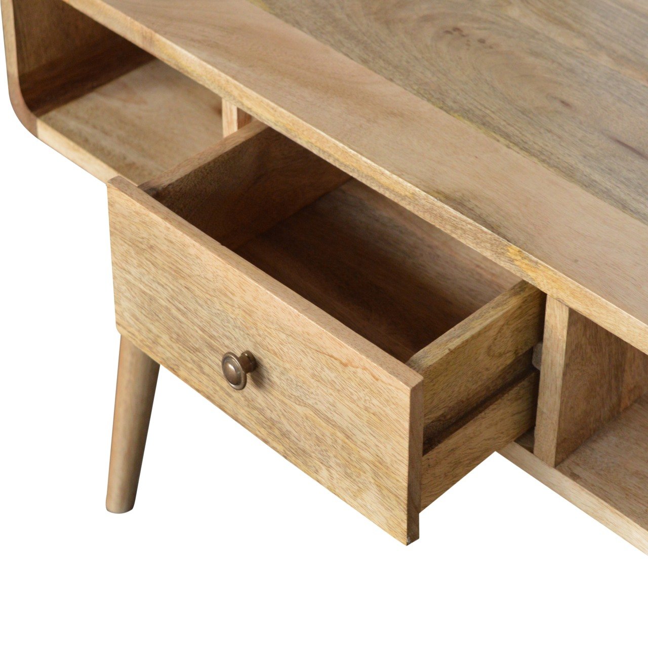 2 Drawer and Open Shelf Curved Coffee Table, Handmade Solid Wood, Contemporary Curved Design