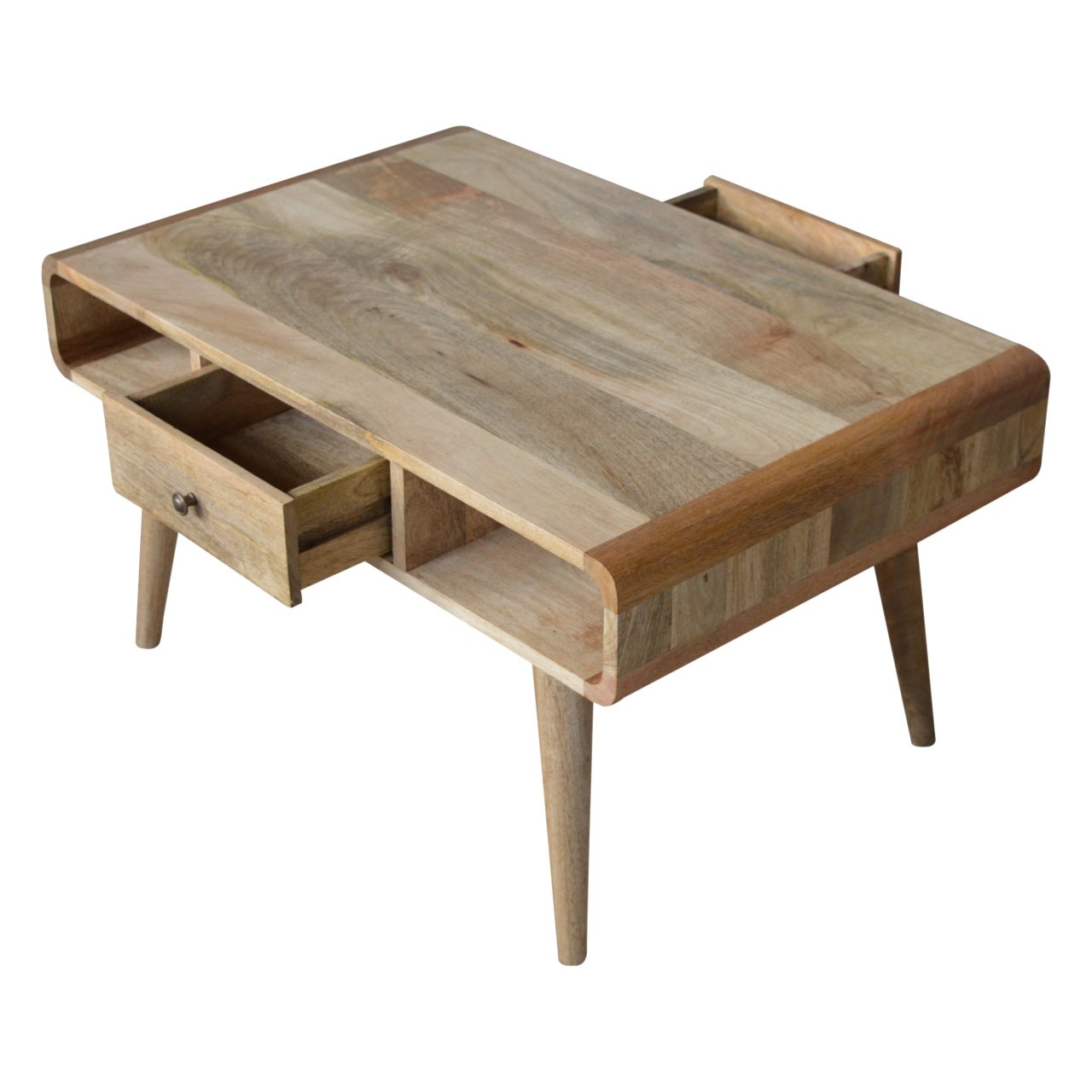 2 Drawer and Open Shelf Curved Coffee Table, Handmade Solid Wood, Contemporary Curved Design
