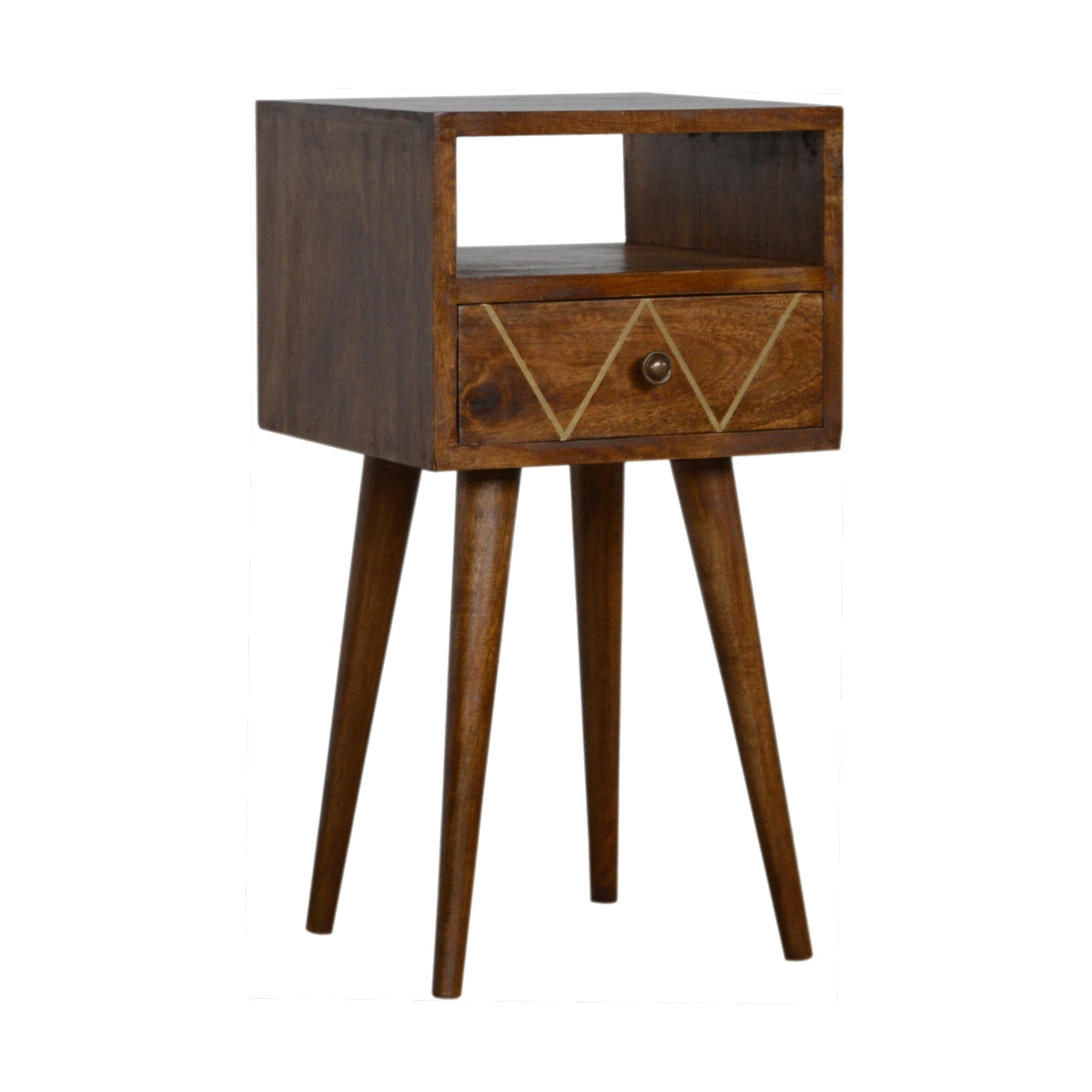 Mini Geo Brass Bedside Table with 1 Drawer and Open Shelf, Handmade Solid Wood, Contemporary Design