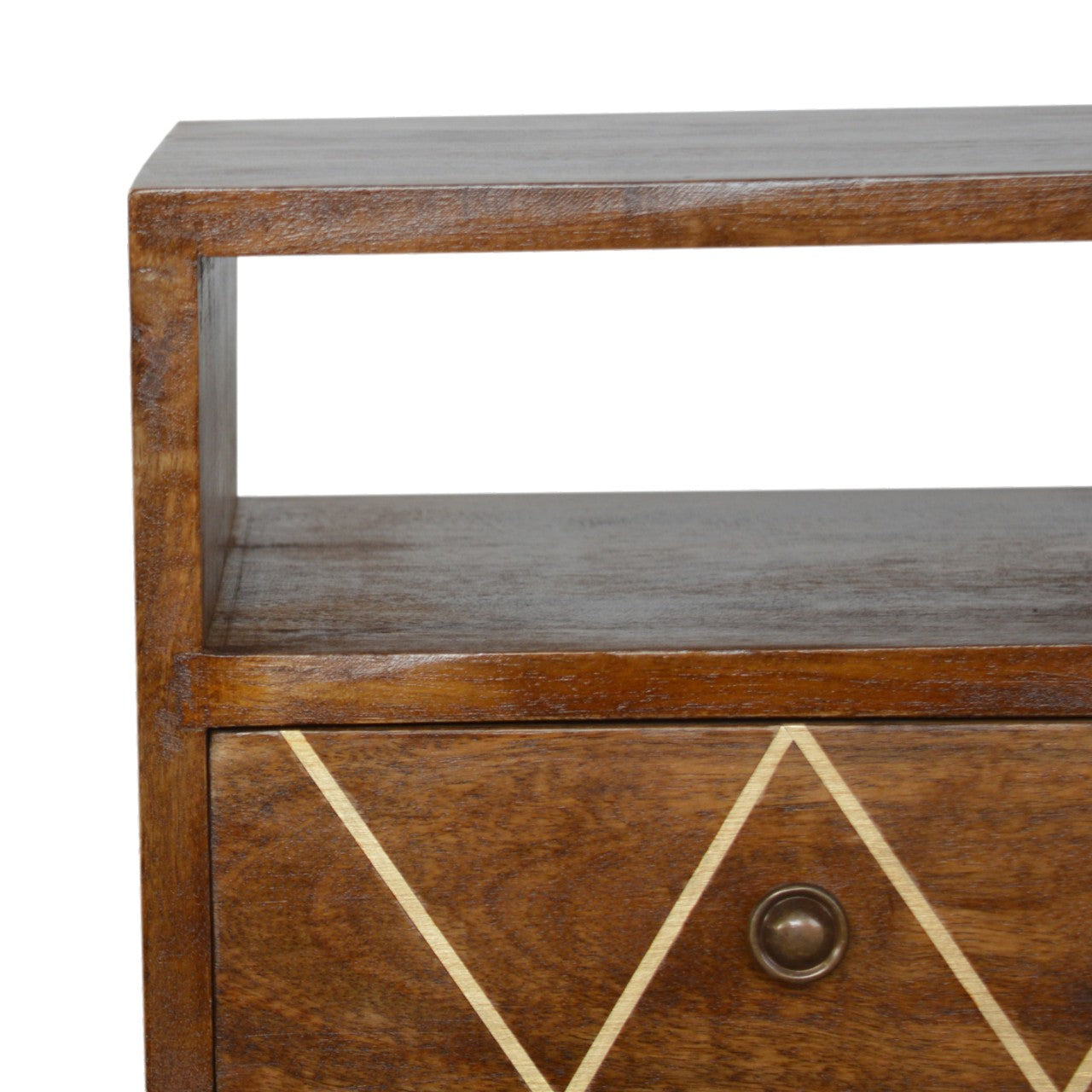 Mini Geo Brass Bedside Table with 1 Drawer and Open Shelf, Handmade Solid Wood, Contemporary Design