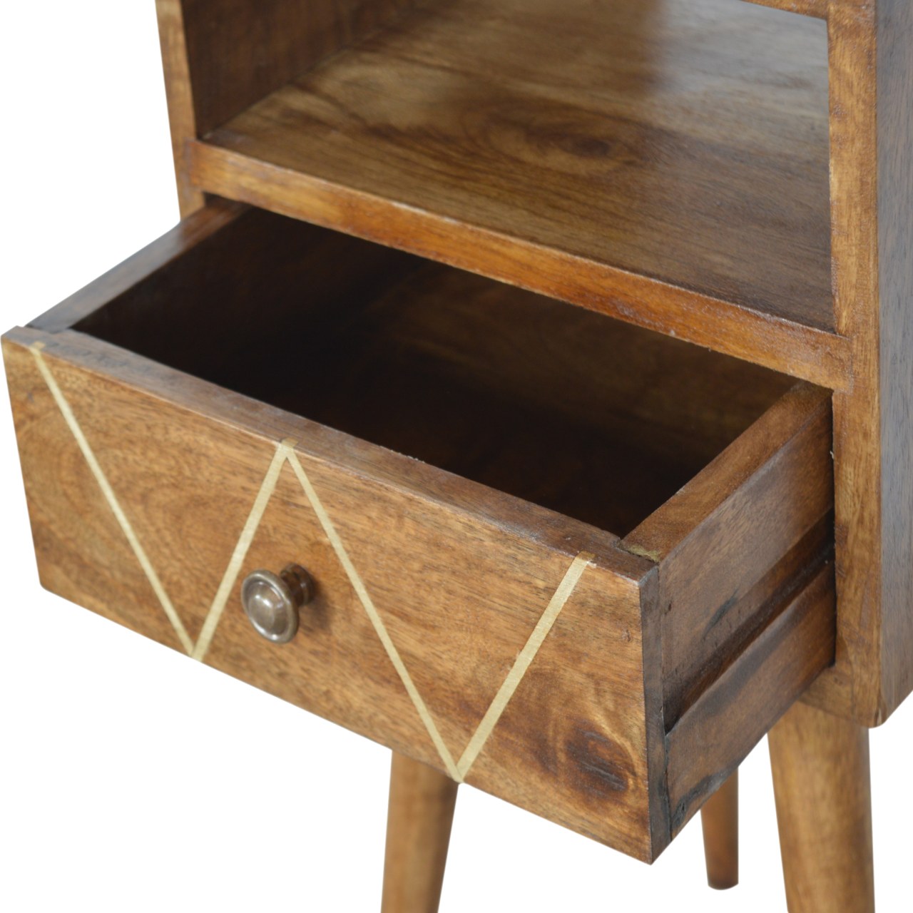Mini Geo Brass Bedside Table with 1 Drawer and Open Shelf, Handmade Solid Wood, Contemporary Design