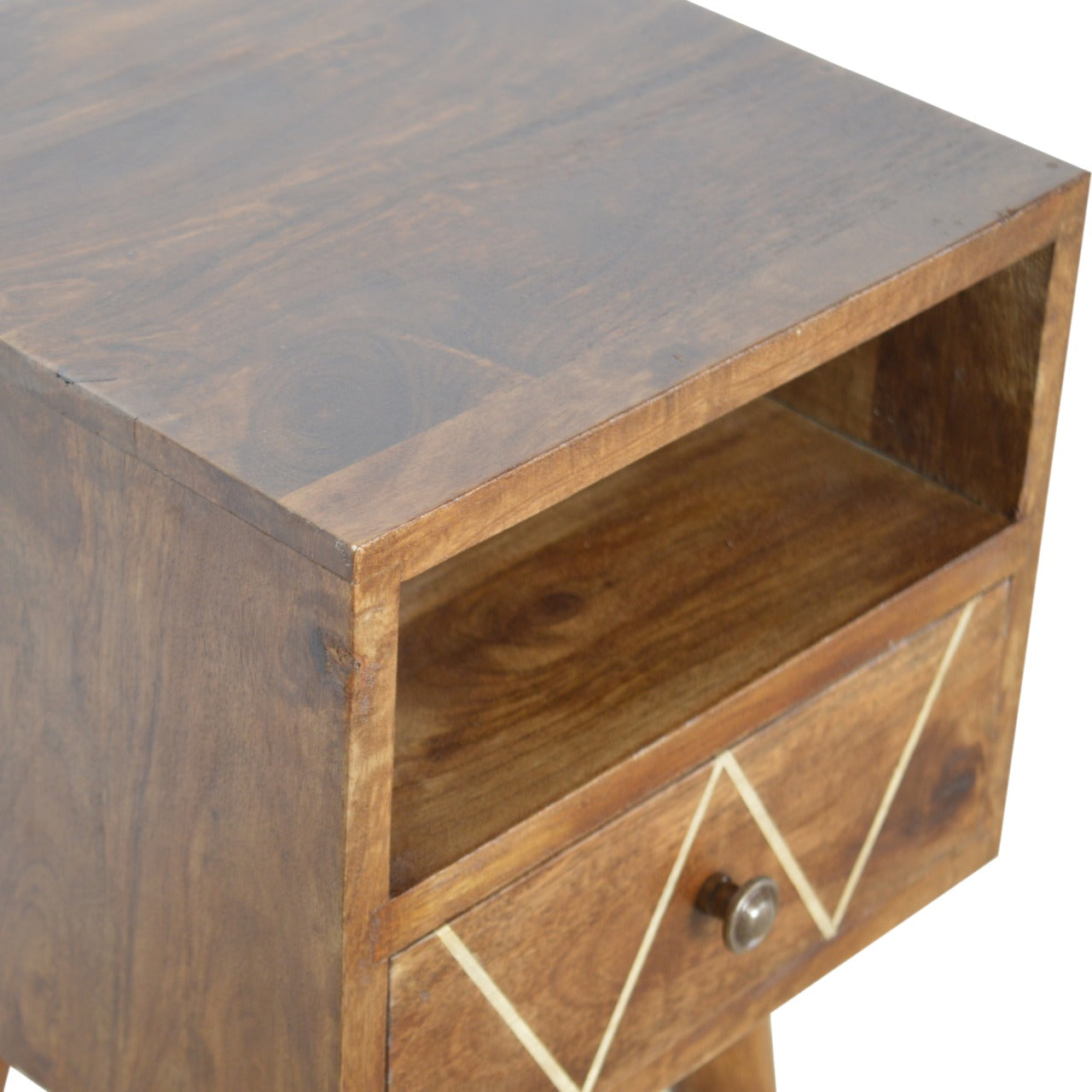 Mini Geo Brass Bedside Table with 1 Drawer and Open Shelf, Handmade Solid Wood, Contemporary Design