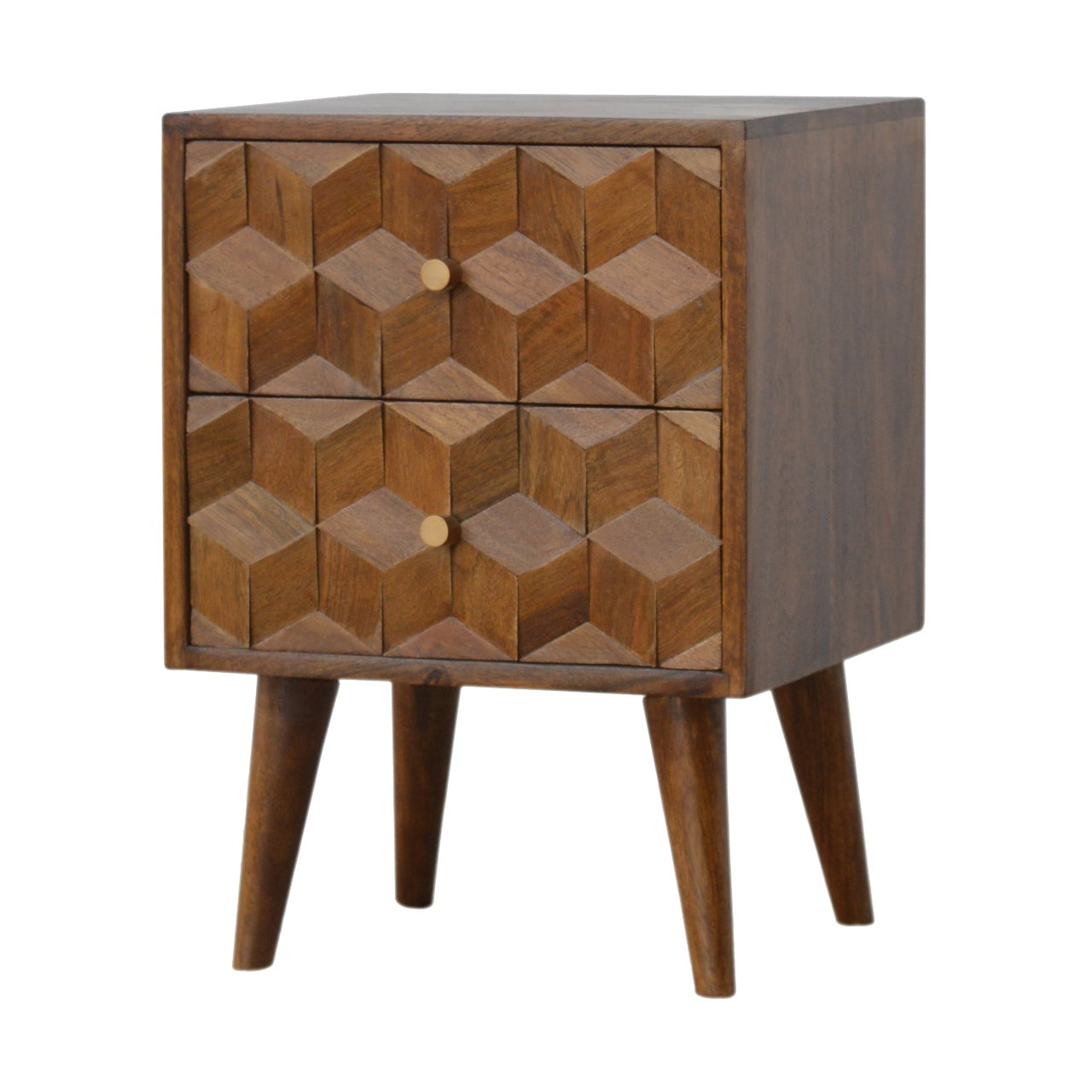 Cube Carved Bedside with 2 Drawer, Handmade Solid Wood, Modern Style