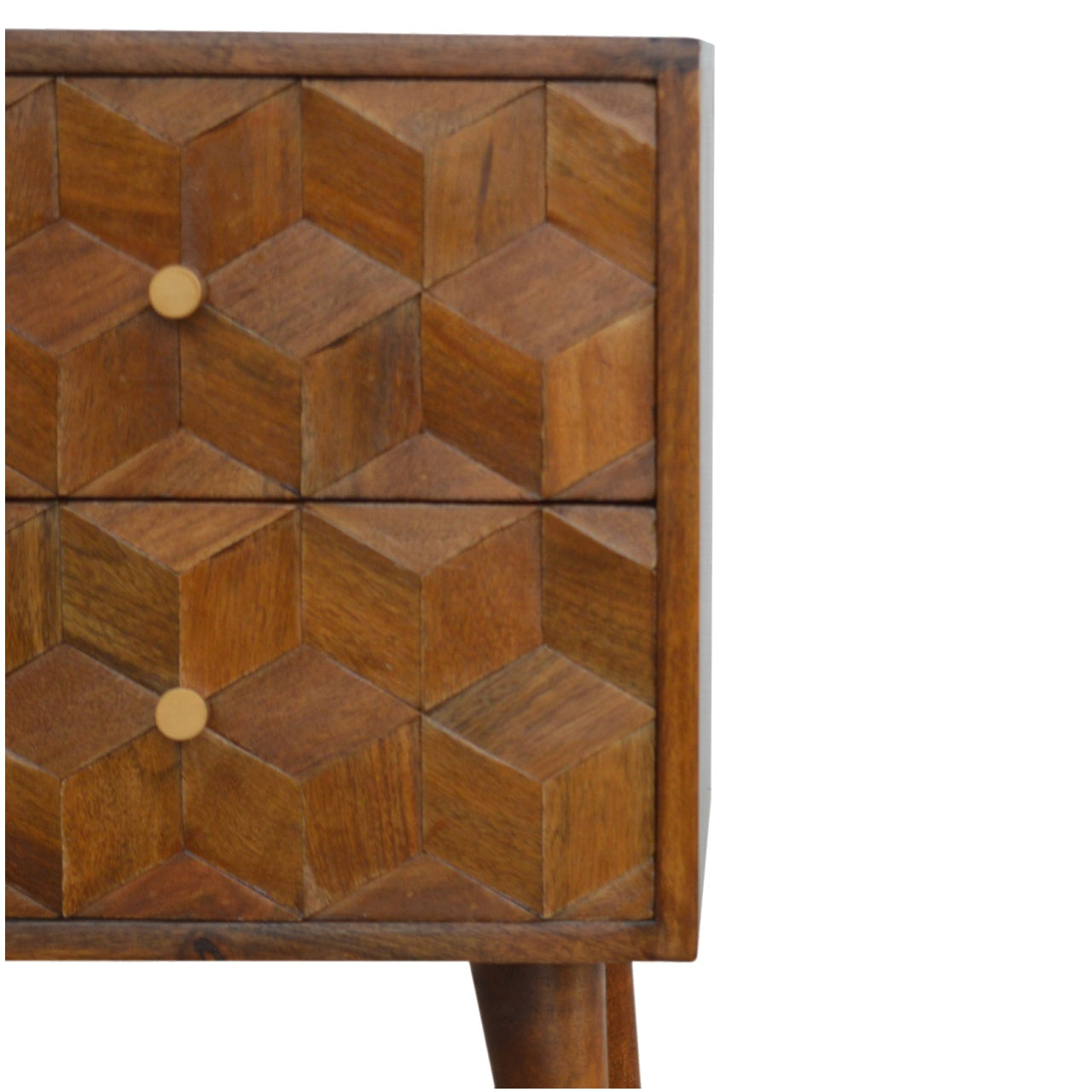 Cube Carved Bedside with 2 Drawer, Handmade Solid Wood, Modern Style