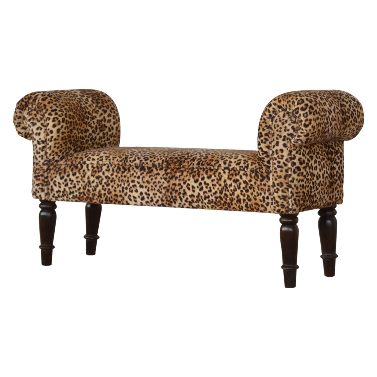 Leopard Print Velvet Bench, Handmade Solid Wood, Statement Accent