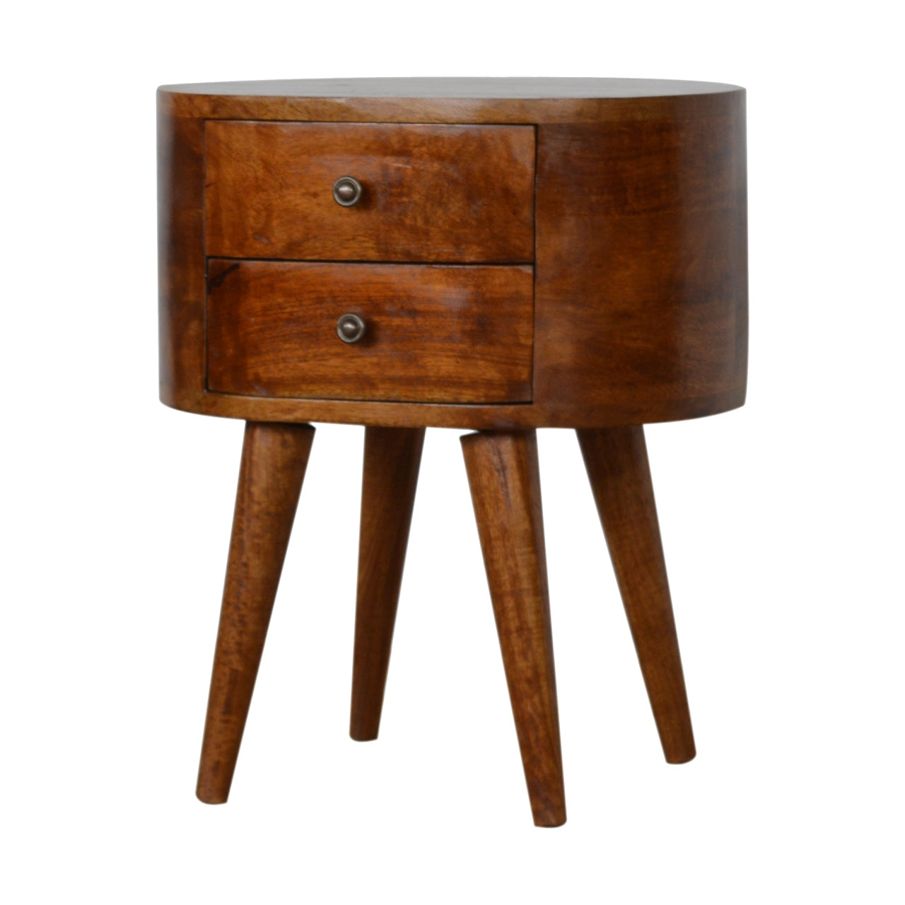 Chestnut Rounded Bedside Table with 2 Drawer, Handmade Solid Wood, Modern Design