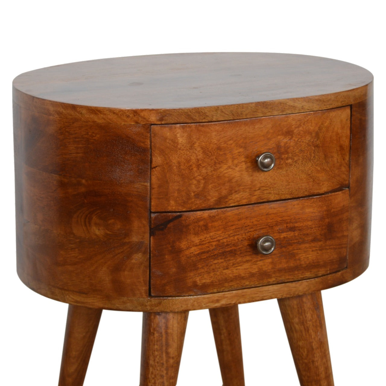 Chestnut Rounded Bedside Table with 2 Drawer, Handmade Solid Wood, Modern Design