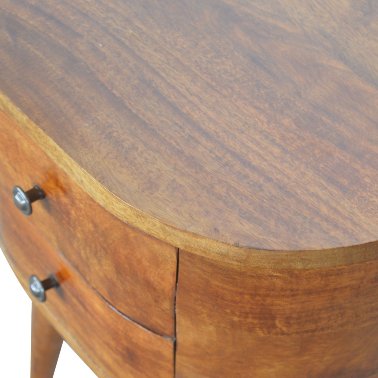 Chestnut Rounded Bedside Table with 2 Drawer, Handmade Solid Wood, Modern Design